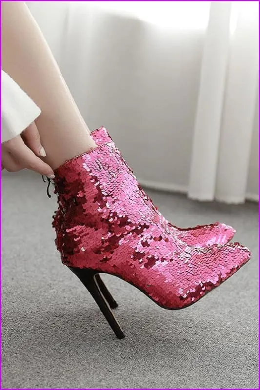 Hot Pink Blingbling Sequin High Heels Boots F328