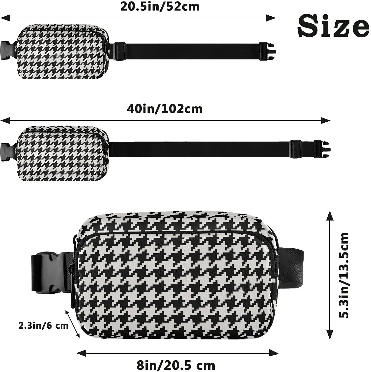 Houdstooth Plaid Check Fanny Pack for Women Men Belt Bag Crossbody Waist Pouch Waterproof Everywhere Purse Fashion Sling Bag for Running Hiking Workout Walking Travel
