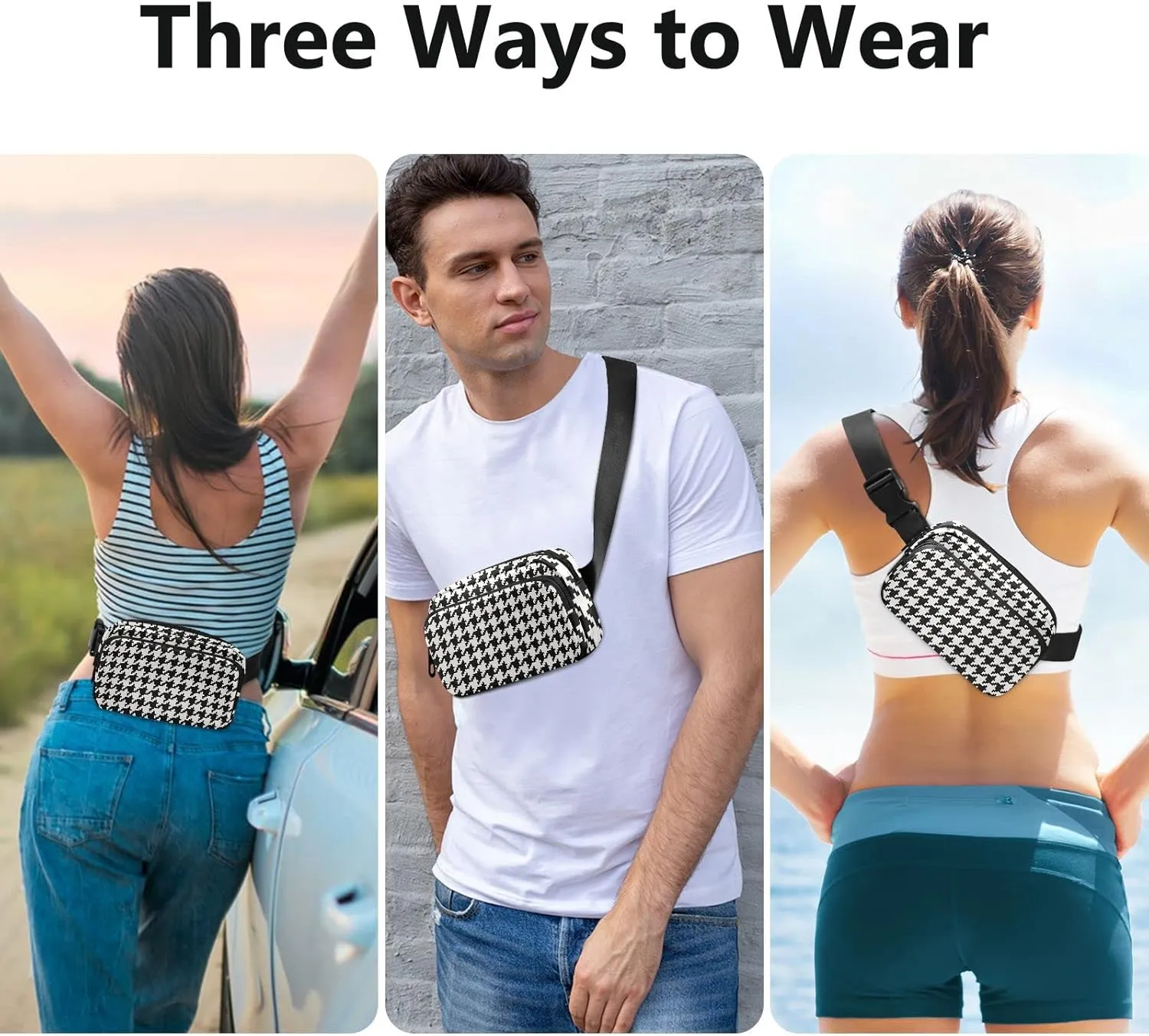 Houdstooth Plaid Check Fanny Pack for Women Men Belt Bag Crossbody Waist Pouch Waterproof Everywhere Purse Fashion Sling Bag for Running Hiking Workout Walking Travel