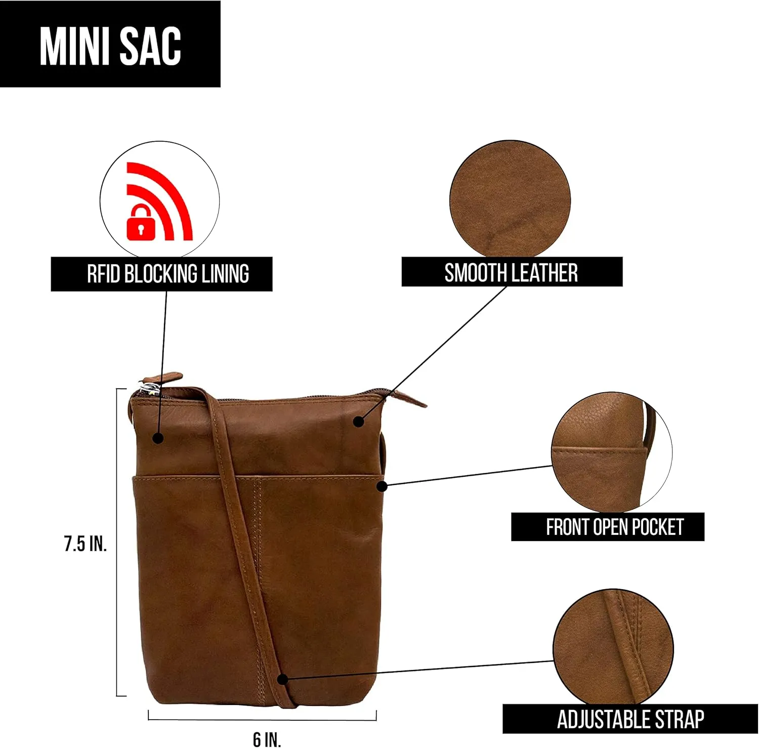 ili New York Leather Mini Sac Crossbody - Genuine Leather Crossbody Bags for Women with RFID Blocking, Adjustable Strap