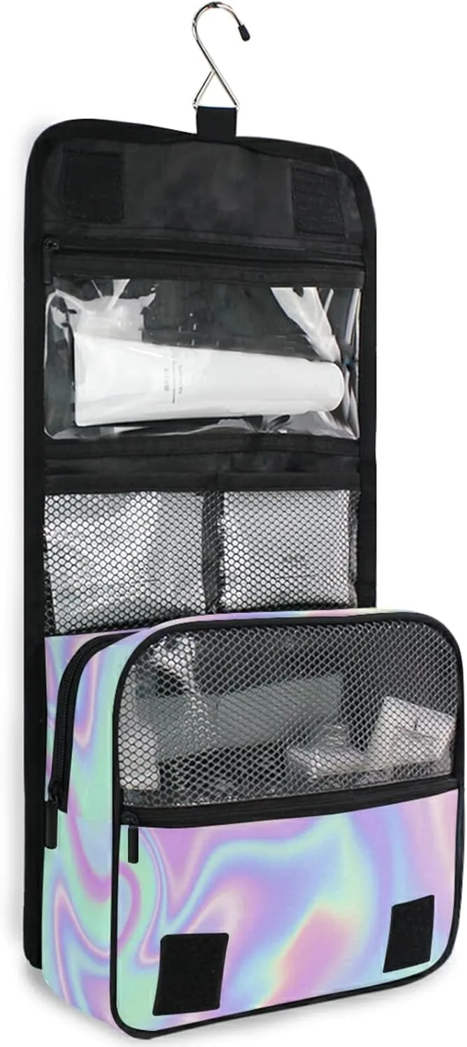 Iridescent Liquid Abstract Art Rainbow Pink Turquoise Marble Hanging Wash Gargle Toiletry Bag Travel Cosmetic Makeup Case Organizer Storage Large Portable