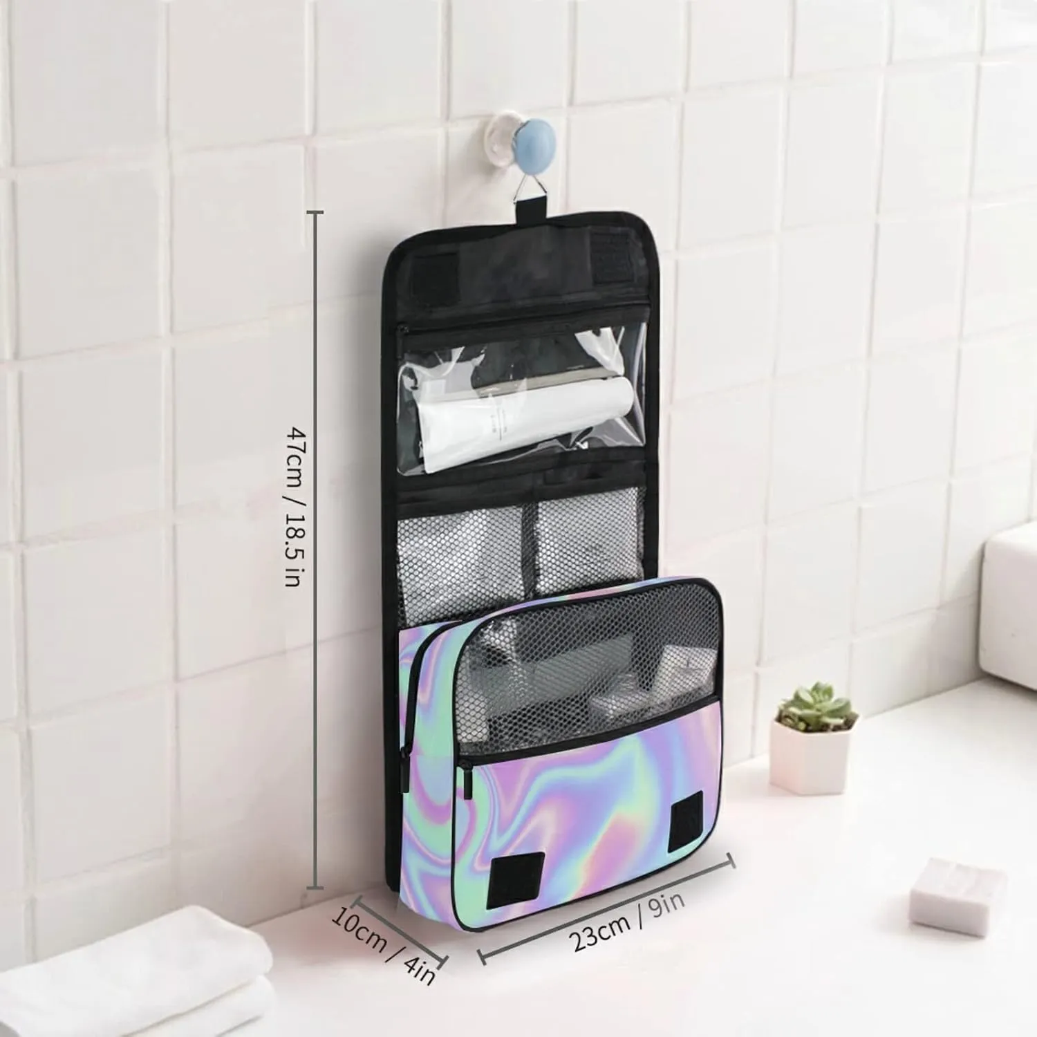 Iridescent Liquid Abstract Art Rainbow Pink Turquoise Marble Hanging Wash Gargle Toiletry Bag Travel Cosmetic Makeup Case Organizer Storage Large Portable