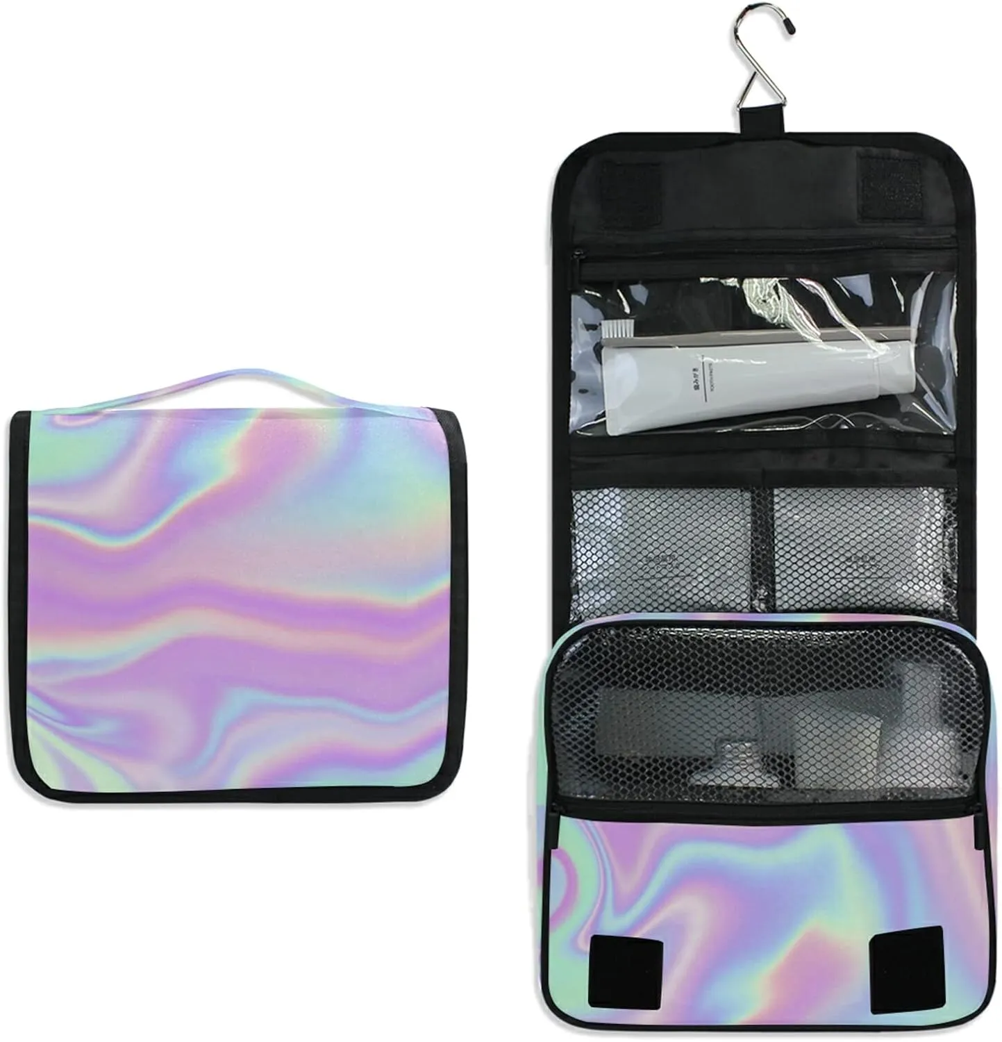 Iridescent Liquid Abstract Art Rainbow Pink Turquoise Marble Hanging Wash Gargle Toiletry Bag Travel Cosmetic Makeup Case Organizer Storage Large Portable
