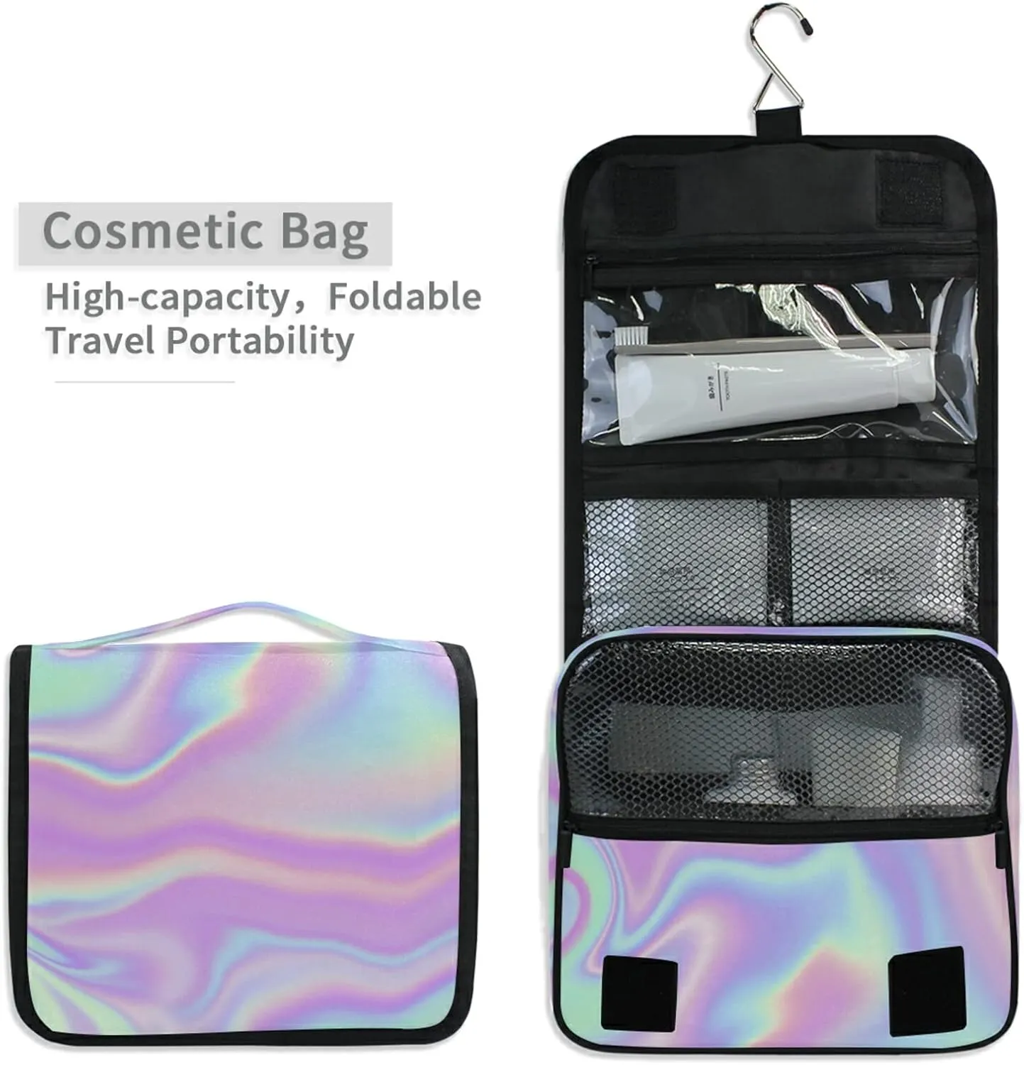 Iridescent Liquid Abstract Art Rainbow Pink Turquoise Marble Hanging Wash Gargle Toiletry Bag Travel Cosmetic Makeup Case Organizer Storage Large Portable