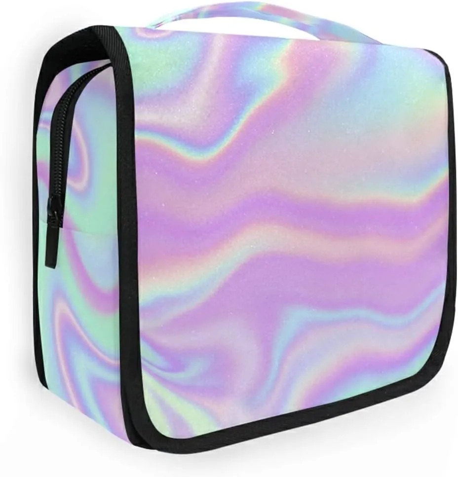 Iridescent Liquid Abstract Art Rainbow Pink Turquoise Marble Hanging Wash Gargle Toiletry Bag Travel Cosmetic Makeup Case Organizer Storage Large Portable