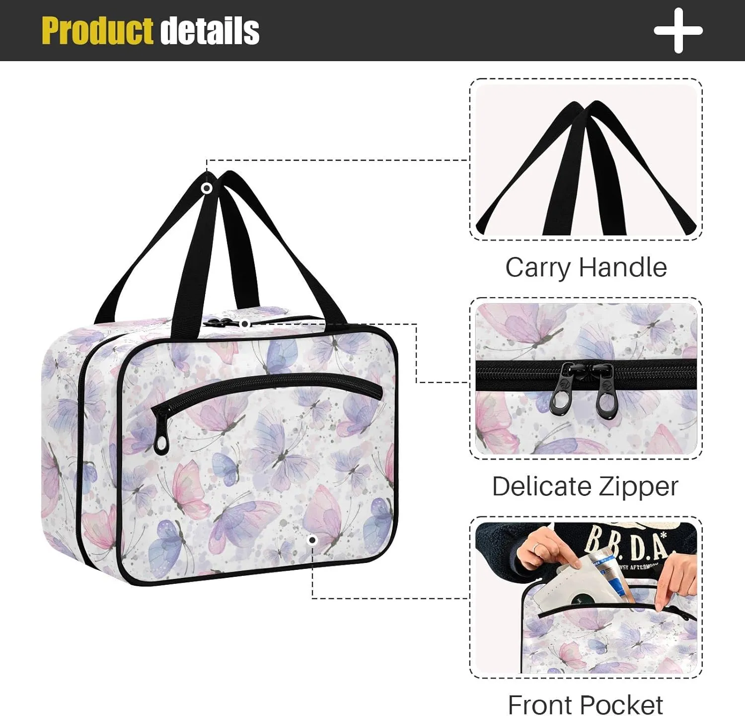 JUNZAN Travel Toiletry Bag Hanging Pink Lilac Butterflies Cosmetic Bags for Women Make Up Traveling Organizer Bag