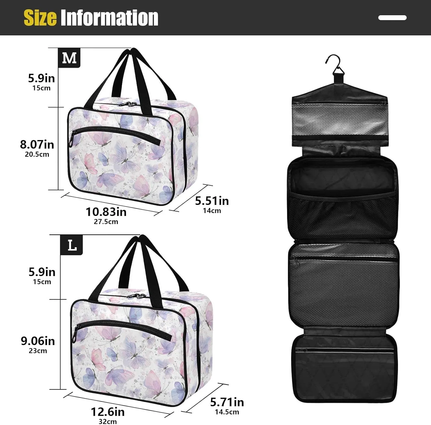 JUNZAN Travel Toiletry Bag Hanging Pink Lilac Butterflies Cosmetic Bags for Women Make Up Traveling Organizer Bag