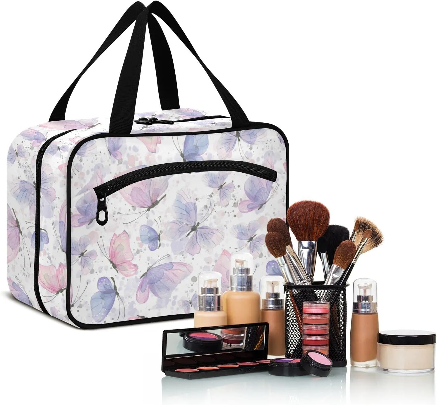 JUNZAN Travel Toiletry Bag Hanging Pink Lilac Butterflies Cosmetic Bags for Women Make Up Traveling Organizer Bag