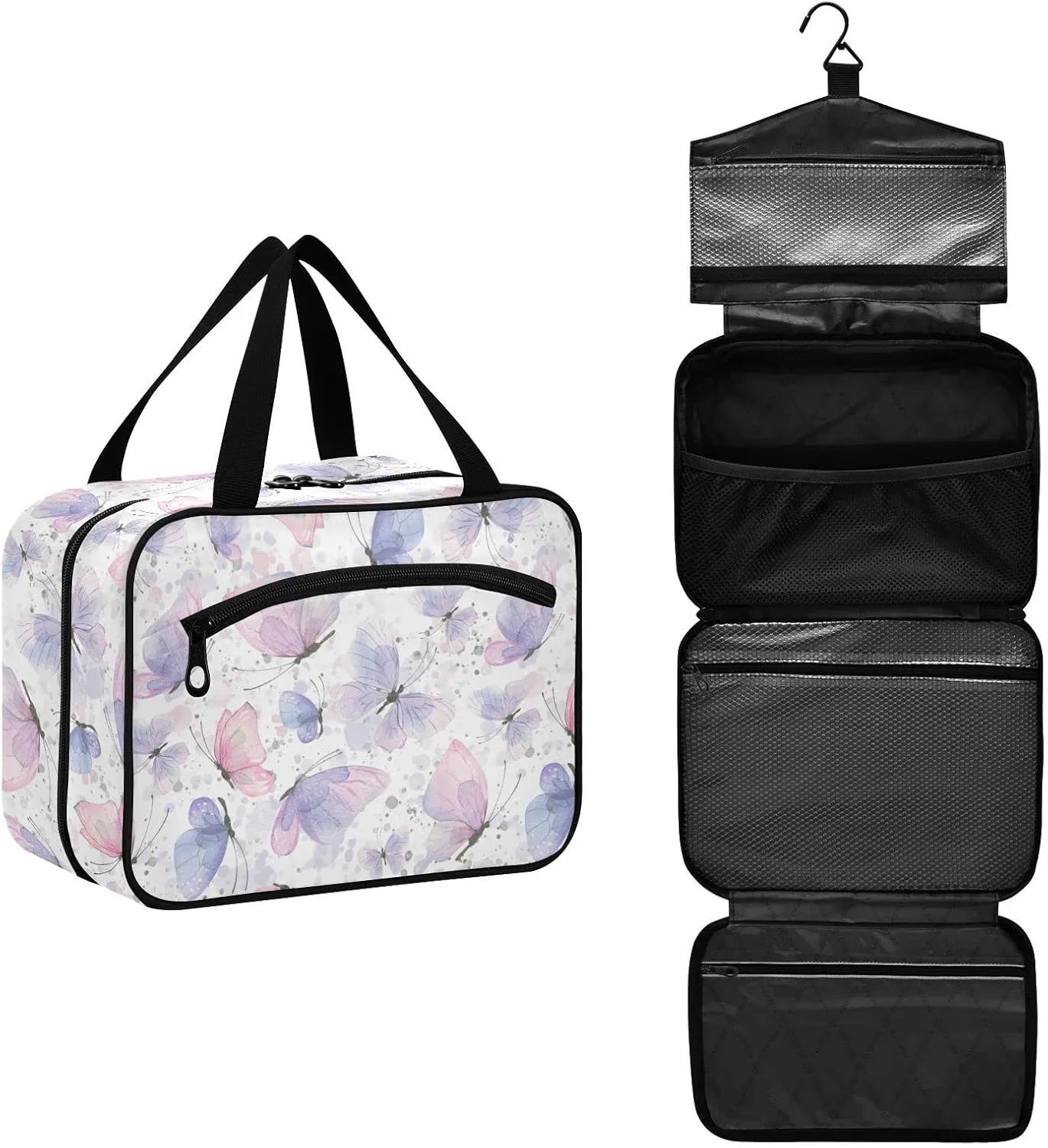 JUNZAN Travel Toiletry Bag Hanging Pink Lilac Butterflies Cosmetic Bags for Women Make Up Traveling Organizer Bag