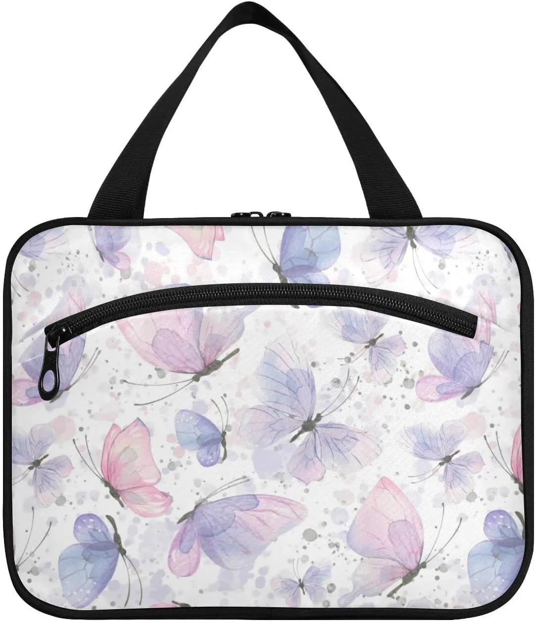 JUNZAN Travel Toiletry Bag Hanging Pink Lilac Butterflies Cosmetic Bags for Women Make Up Traveling Organizer Bag