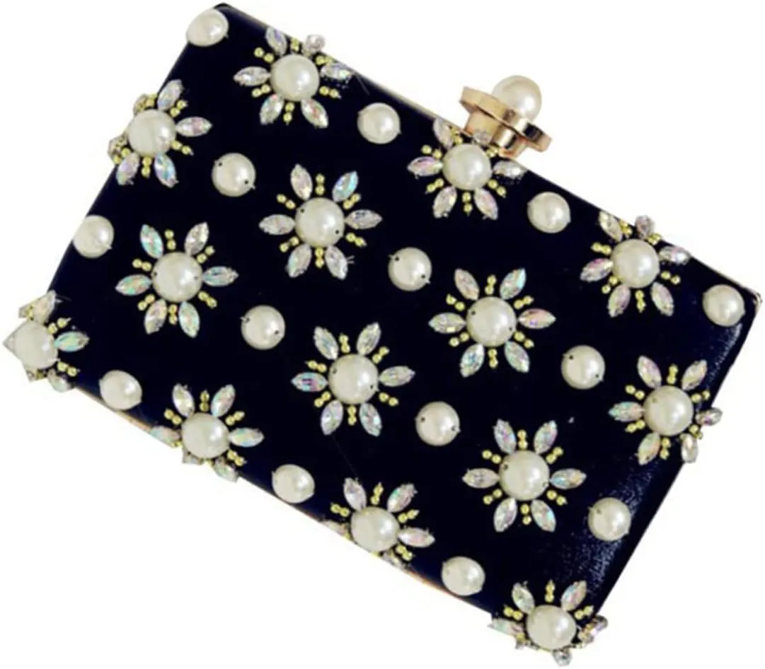 KESYOO Women's Fashion Clutch Handbag Pearl Evening Bag for Bride Wedding Dinner Cocktail Party Black