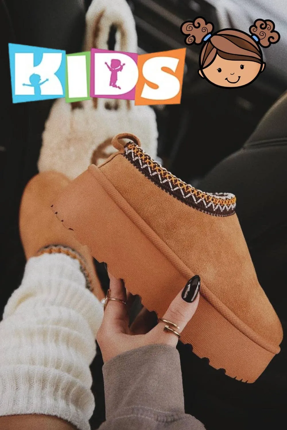 KIDS CHESTNUT EMBROIDED FLUFFY FAUX FUR PLATFORM SLIPPERS
