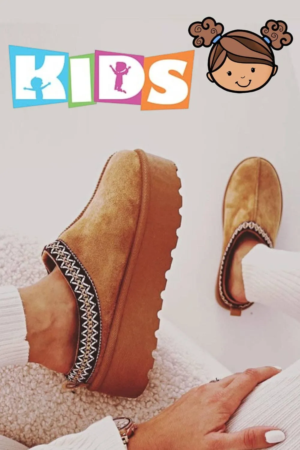 KIDS CHESTNUT EMBROIDED FLUFFY FAUX FUR PLATFORM SLIPPERS