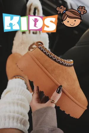 KIDS CHESTNUT EMBROIDED FLUFFY FAUX FUR PLATFORM SLIPPERS