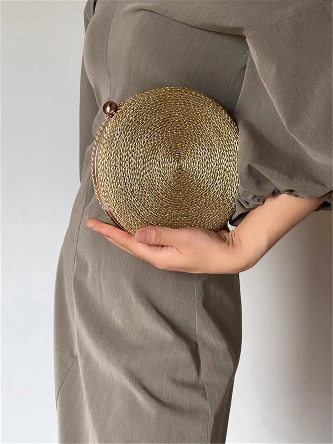 KNITTED BAGS-Women's Rope Woven Round Clutch Evening Party Golden Bag Luxury Gold Purse
