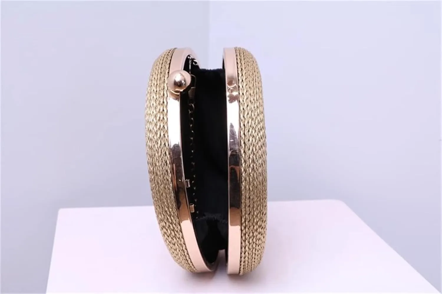 KNITTED BAGS-Women's Rope Woven Round Clutch Evening Party Golden Bag Luxury Gold Purse