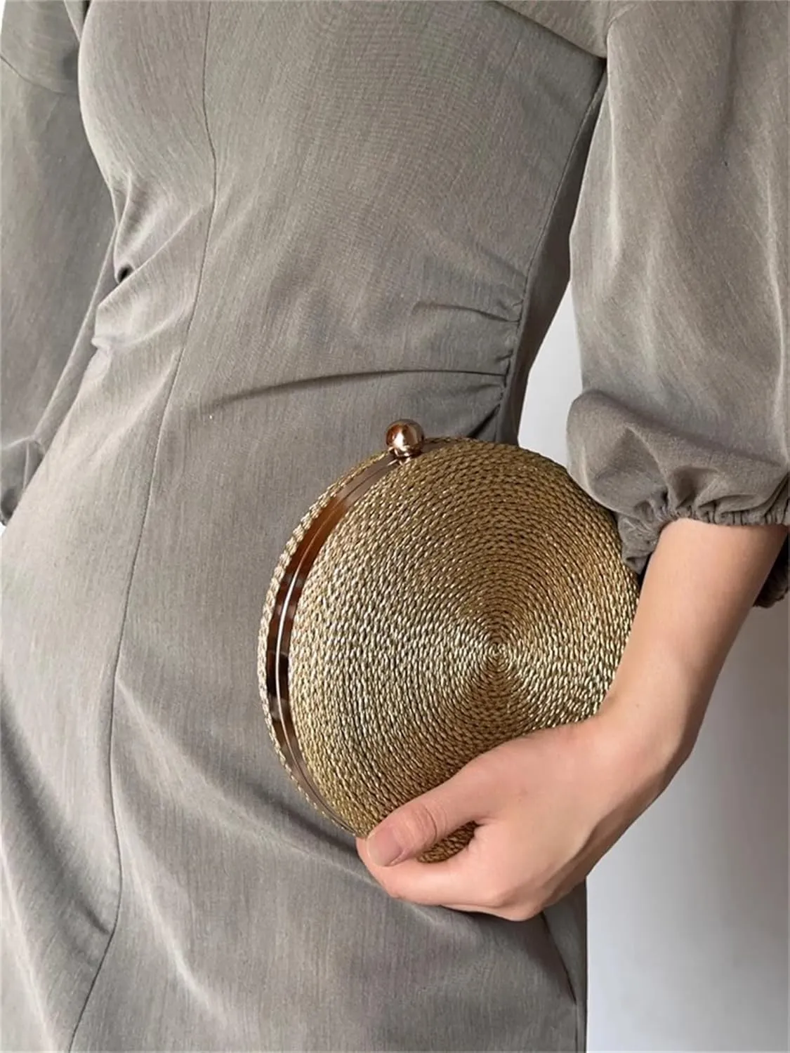 KNITTED BAGS-Women's Rope Woven Round Clutch Evening Party Golden Bag Luxury Gold Purse