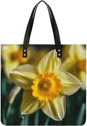 Ladies Soft Leather Wallet Leather Printed Handbags for Women Daffodil Flower Printed Satchel Tote Fashion Shoulder Bag Purses