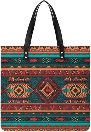 Ladies Soft Leather Wallet Leather Printed Handbags for Women Ethnic Geometric Pattern Printed Satchel Tote Fashion Shoulder Bag Purses
