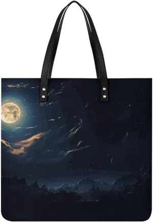 Ladies Soft Leather Wallet Leather Printed Handbags for Women Moon Night Printed Satchel Tote Fashion Shoulder Bag Purses