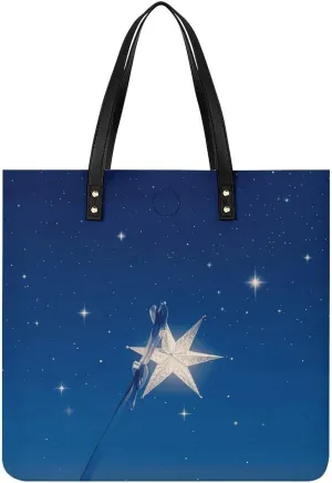 Ladies Soft Leather Wallet Leather Printed Handbags for Women Navy Blue And Star Printed Satchel Tote Fashion Shoulder Bag Purses