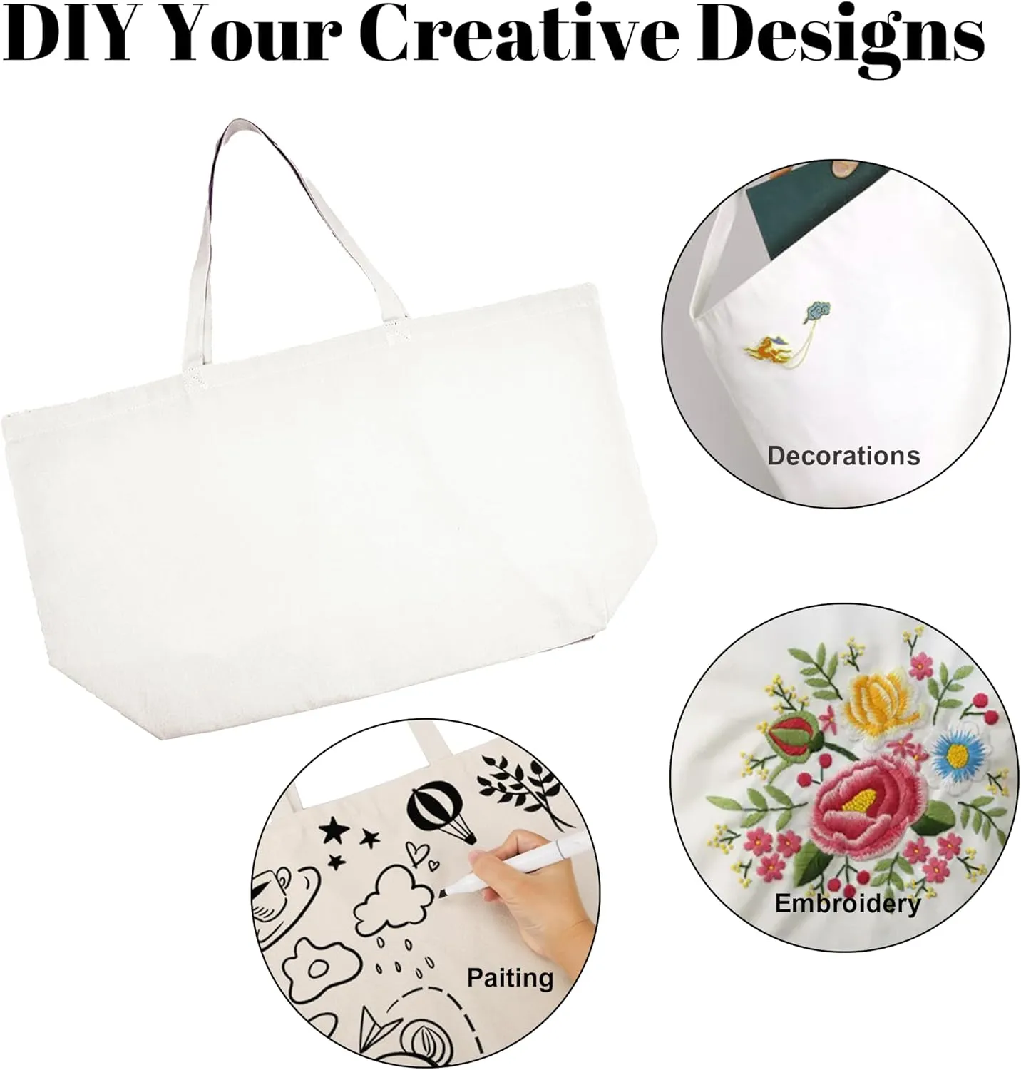 Large Canvas Tote Bag - Reusable Grocery Bag Foldable Heavy Duty Shopping Bag for DIY Art Crafts Painting Embroidery