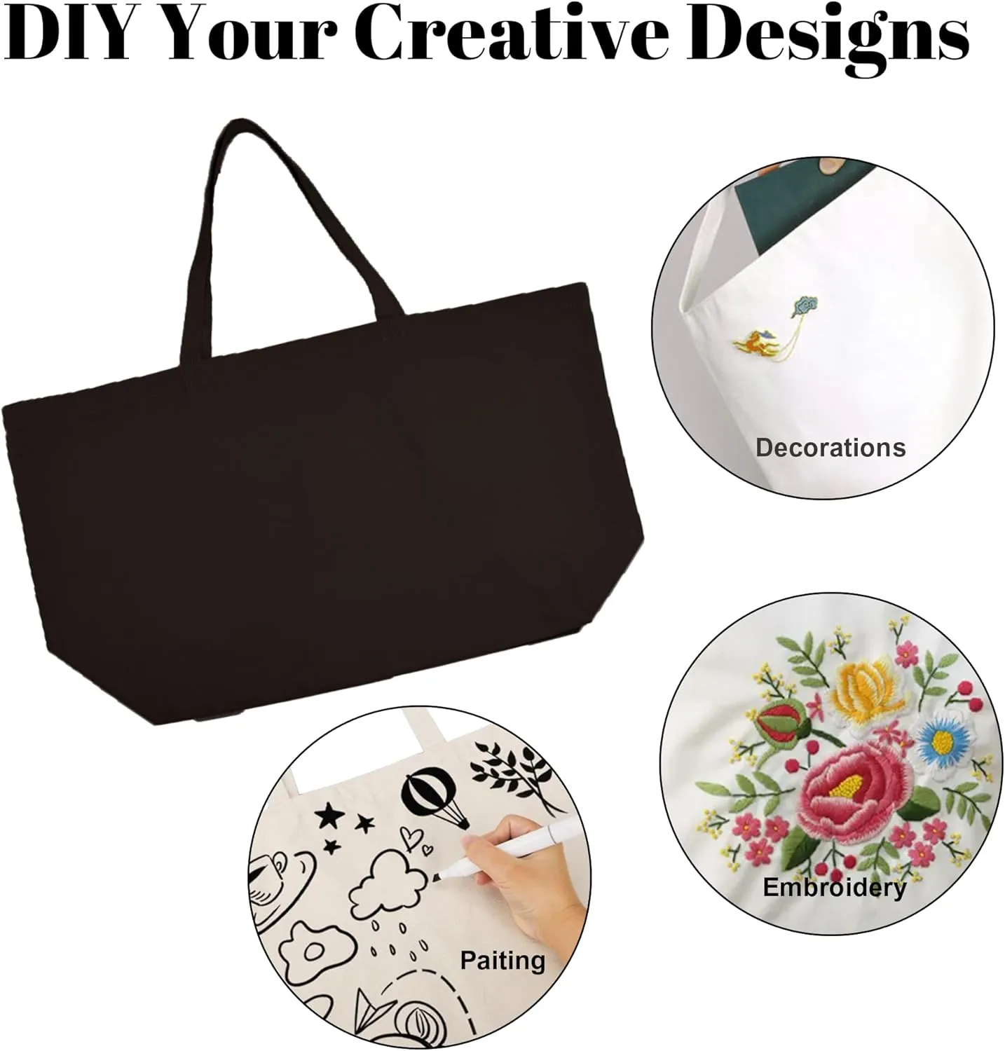 Large Canvas Tote Bag - Reusable Grocery Bag Foldable Heavy Duty Shopping Bag for DIY Art Crafts Painting Embroidery