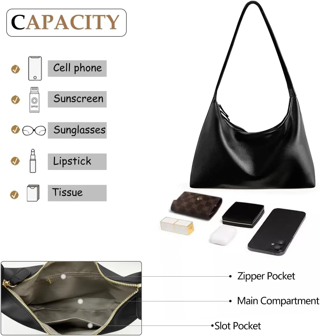Leather Hobo Bags for Women Small Soft Shoulder Purse Slouchy Tote Handbags with Double Zipper Design 2025