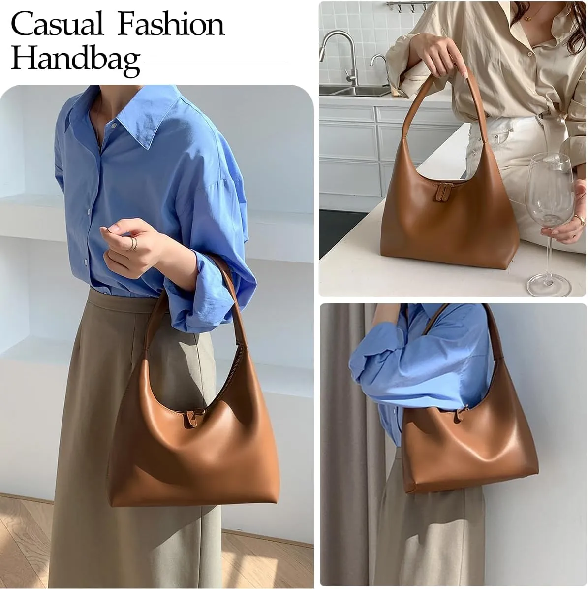 Leather Hobo Bags for Women Small Soft Shoulder Purse Slouchy Tote Handbags with Double Zipper Design 2025