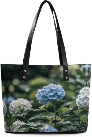 Leather Lady's Handbag Hydrangea Print Leather Tote Bags For Women Trendy Ladies Shoulder Bag for Work, Travel, Casual Use