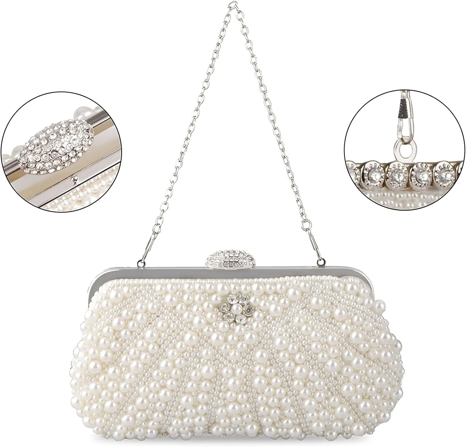 LIFEWISH Womens Pearl Evening bag Cascading Bead Rhinestone Fancy clutch purses