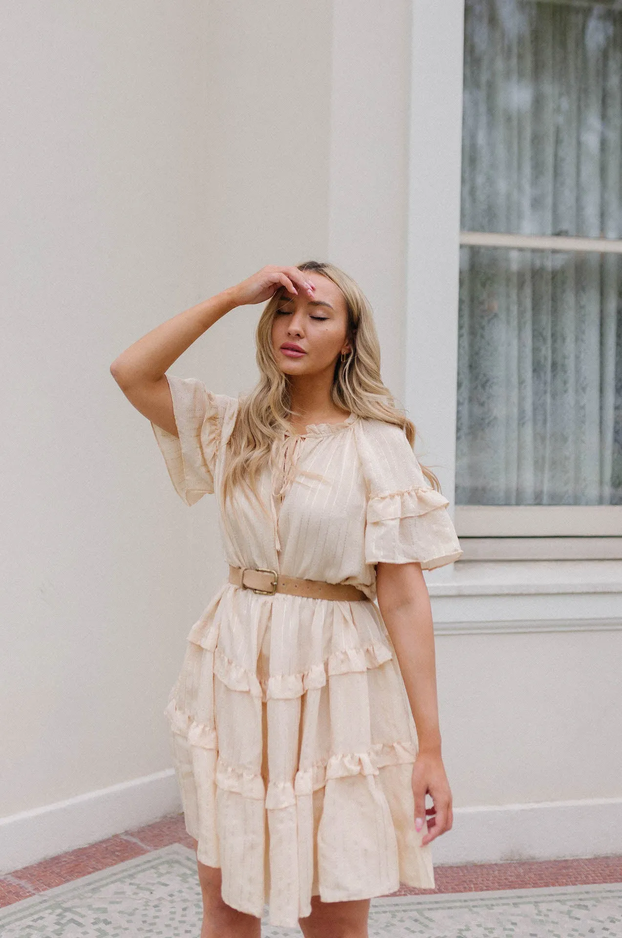 Lucia Textured Flutter Sleeve Ruffle Dress