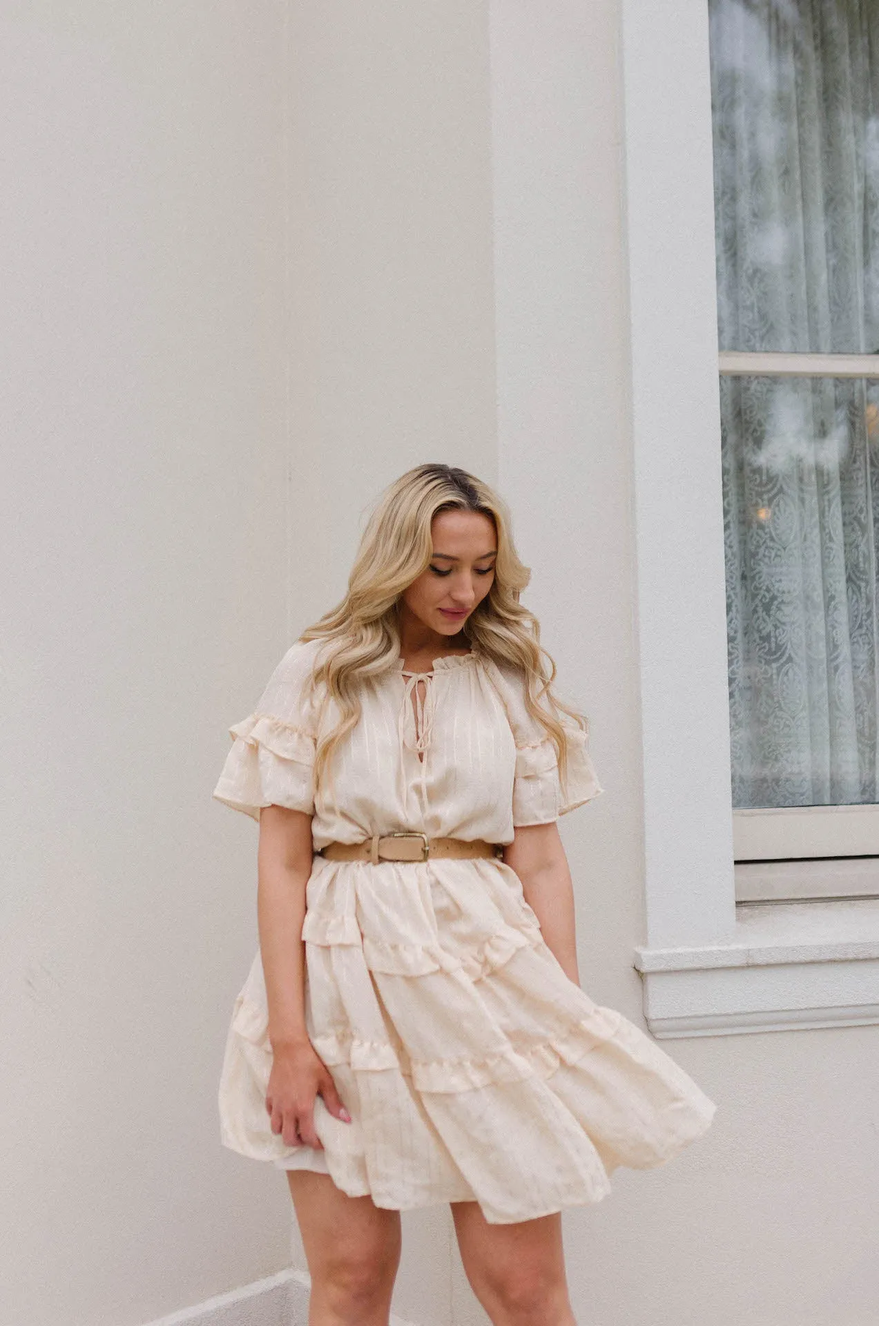 Lucia Textured Flutter Sleeve Ruffle Dress