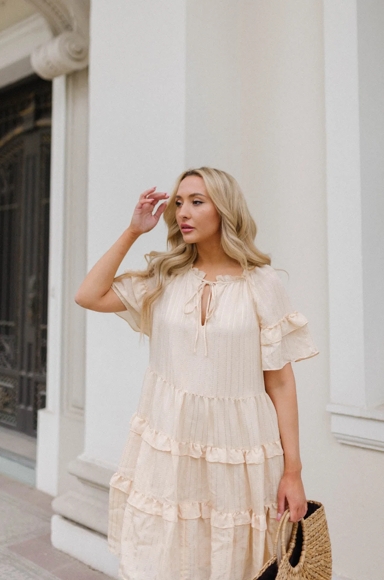 Lucia Textured Flutter Sleeve Ruffle Dress