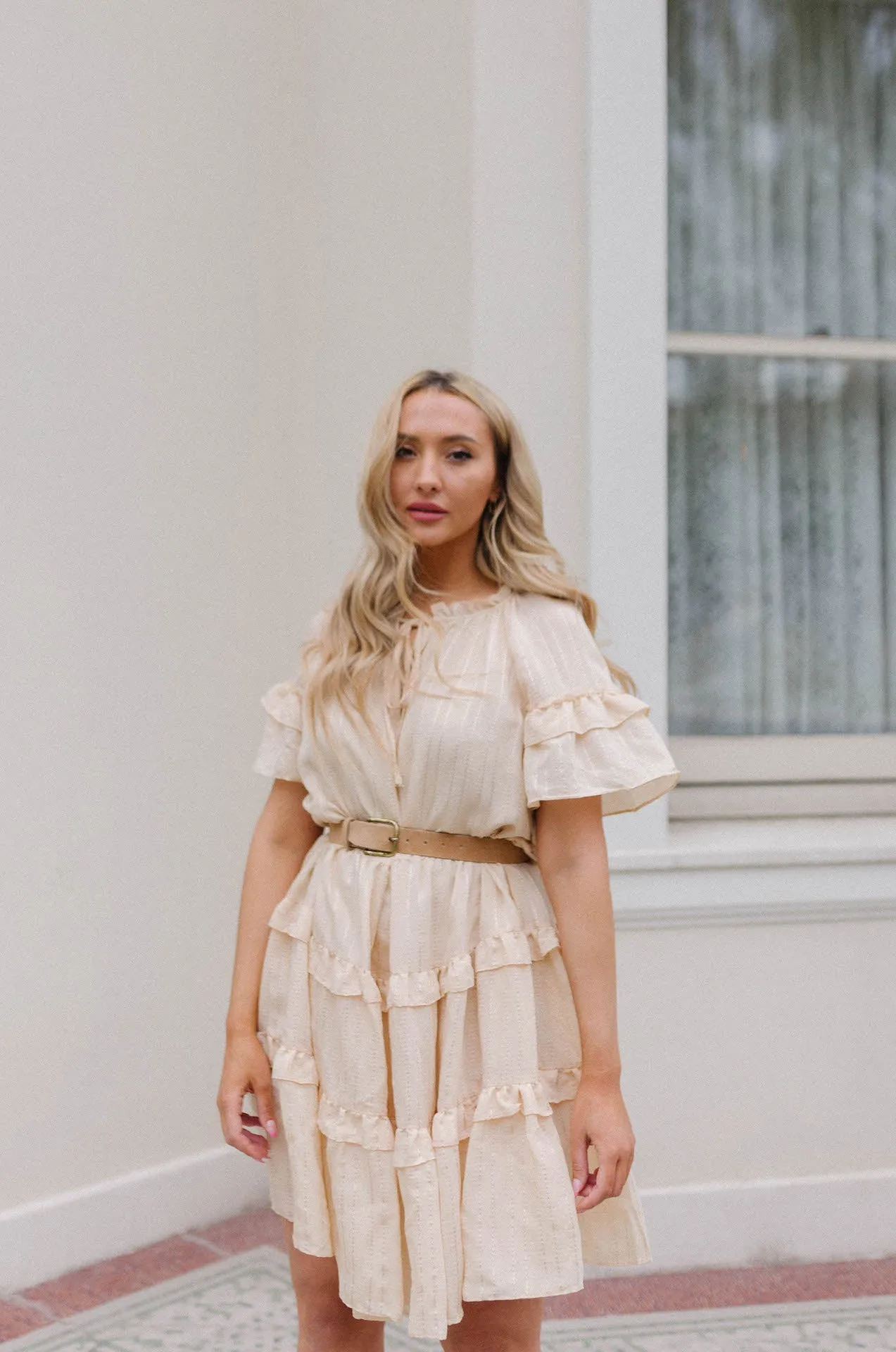 Lucia Textured Flutter Sleeve Ruffle Dress