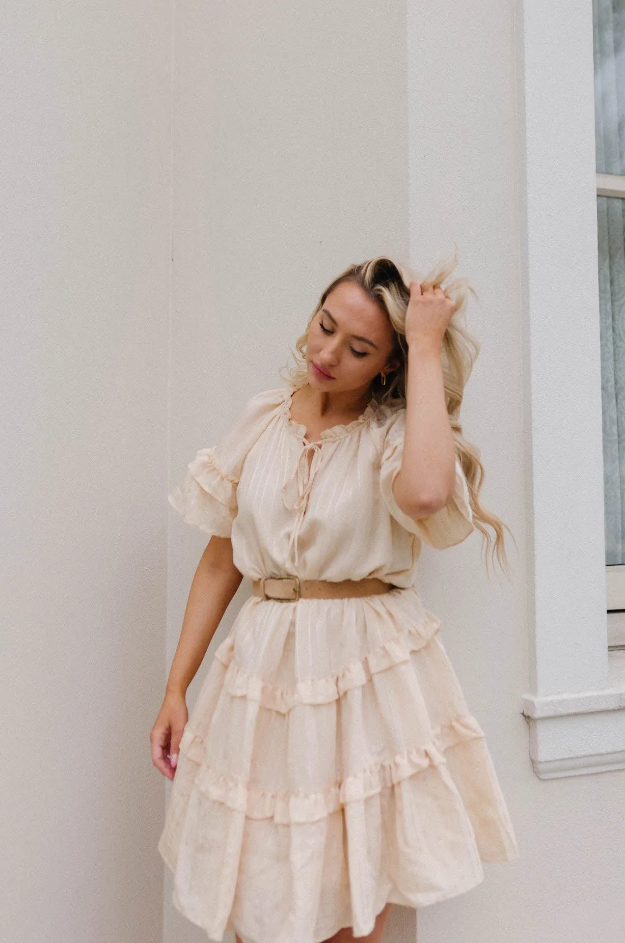 Lucia Textured Flutter Sleeve Ruffle Dress