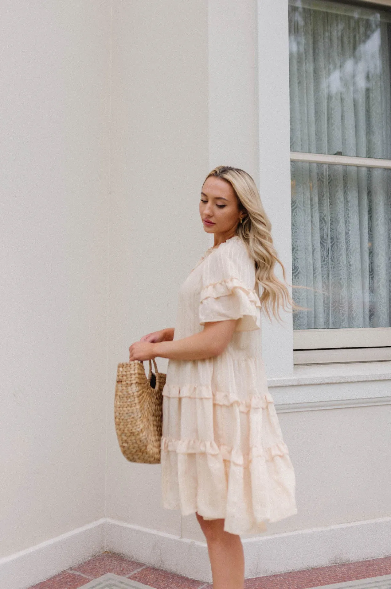 Lucia Textured Flutter Sleeve Ruffle Dress