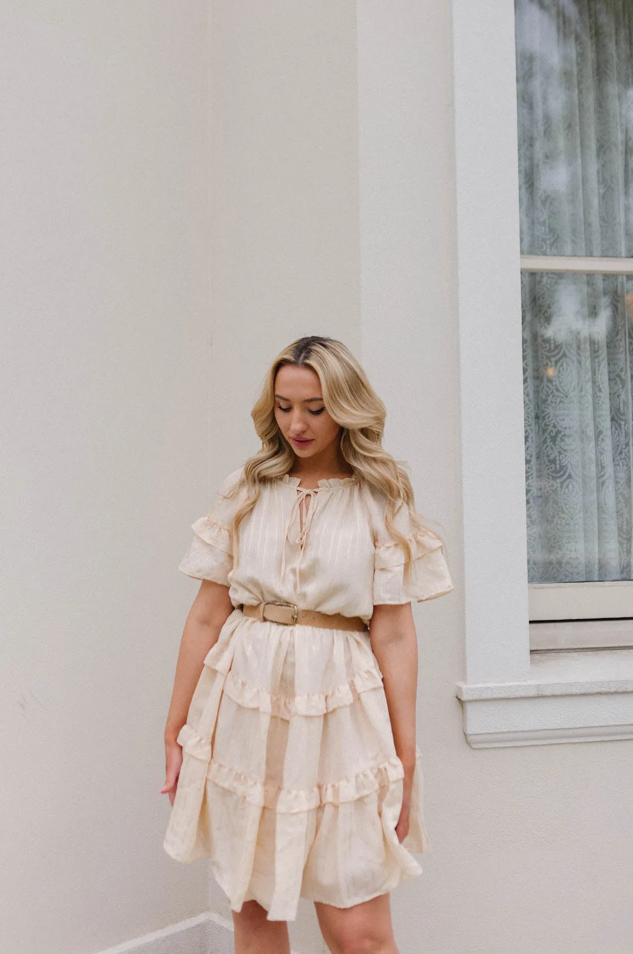 Lucia Textured Flutter Sleeve Ruffle Dress