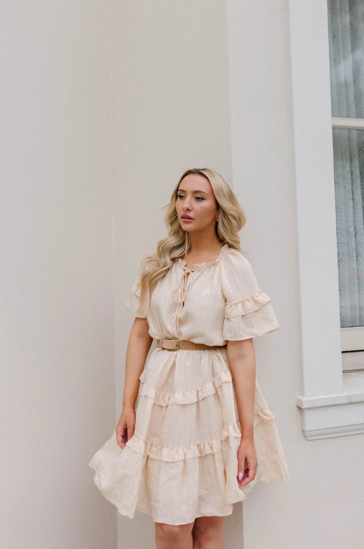 Lucia Textured Flutter Sleeve Ruffle Dress
