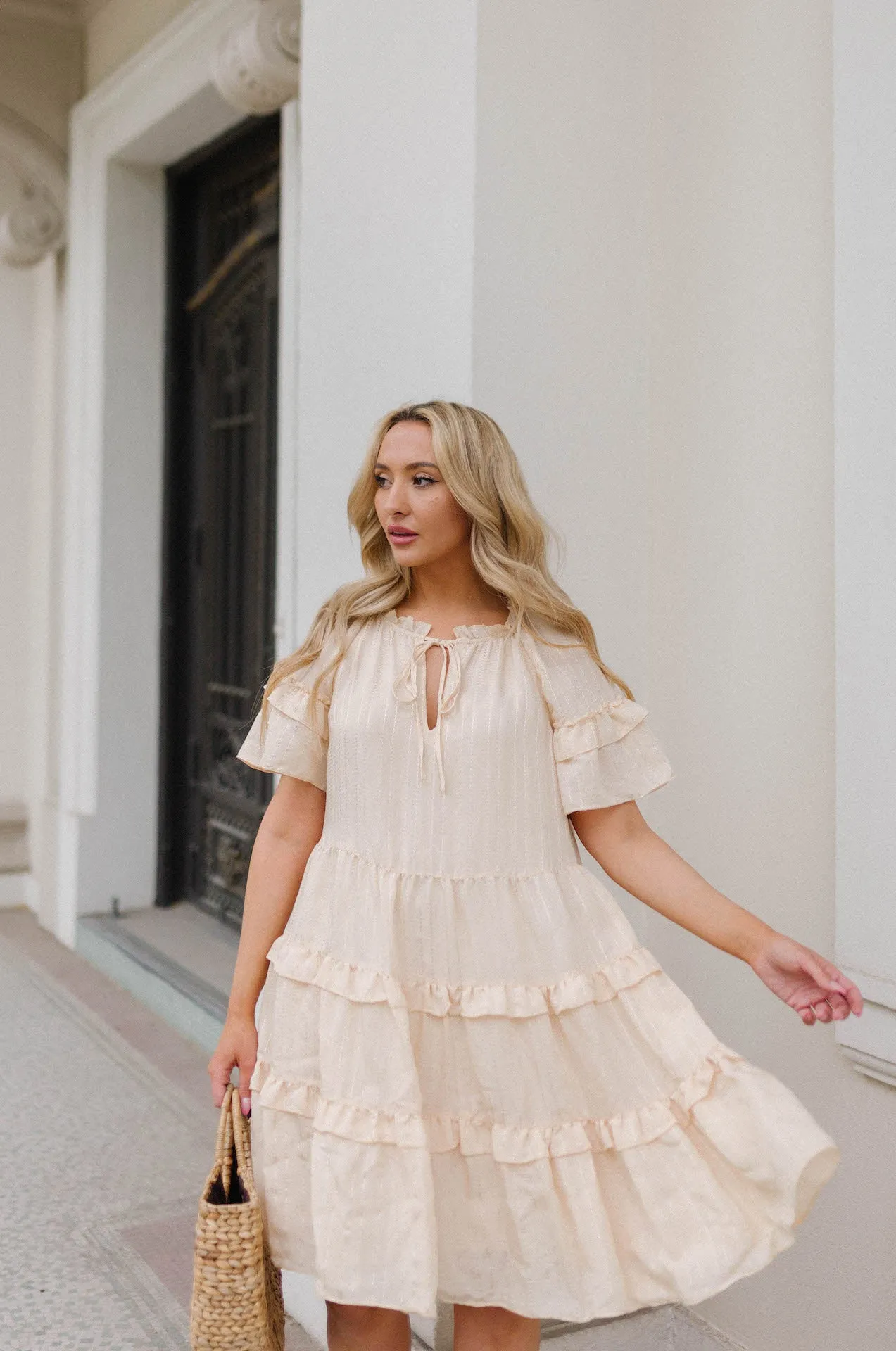 Lucia Textured Flutter Sleeve Ruffle Dress