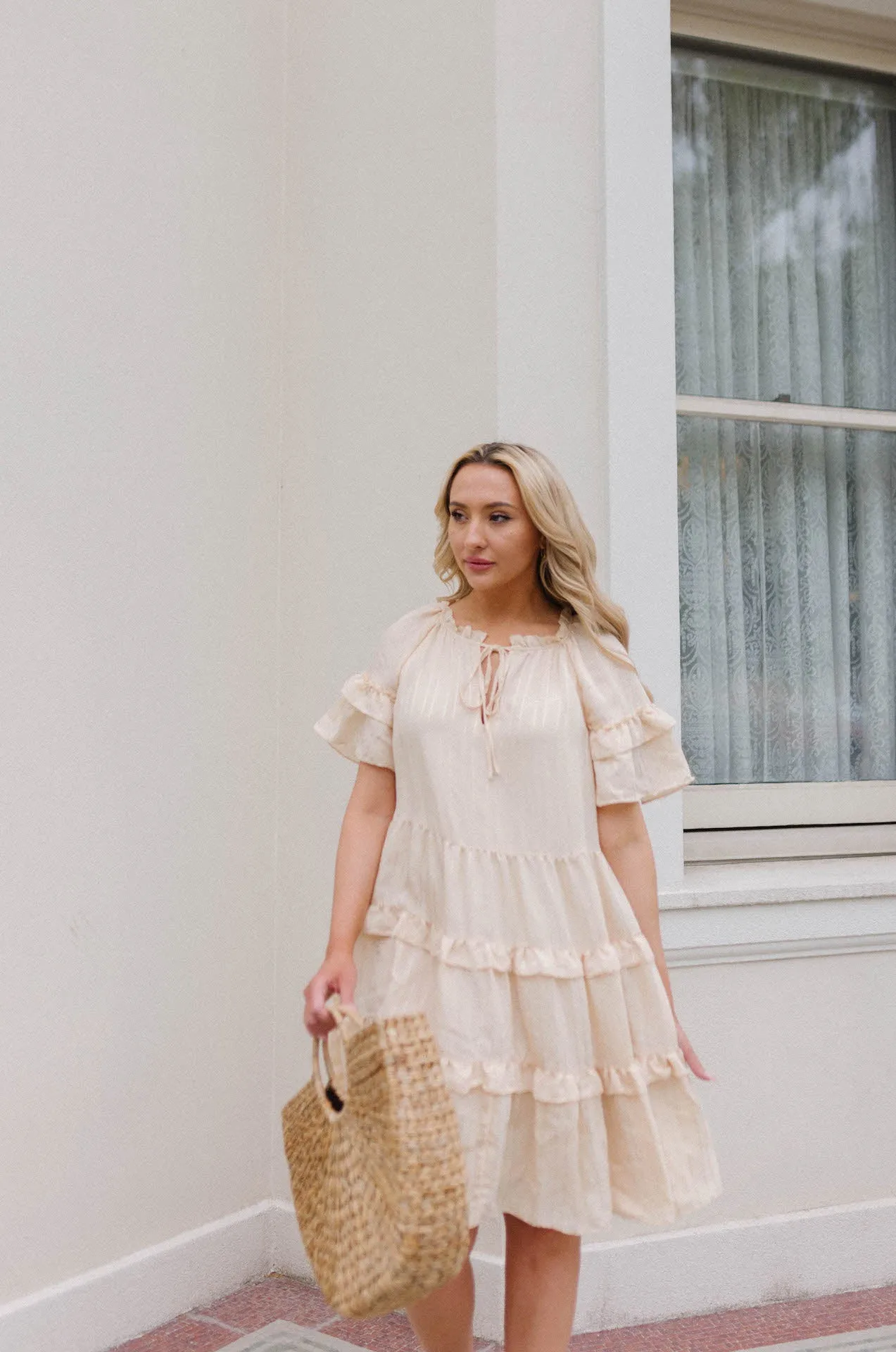 Lucia Textured Flutter Sleeve Ruffle Dress