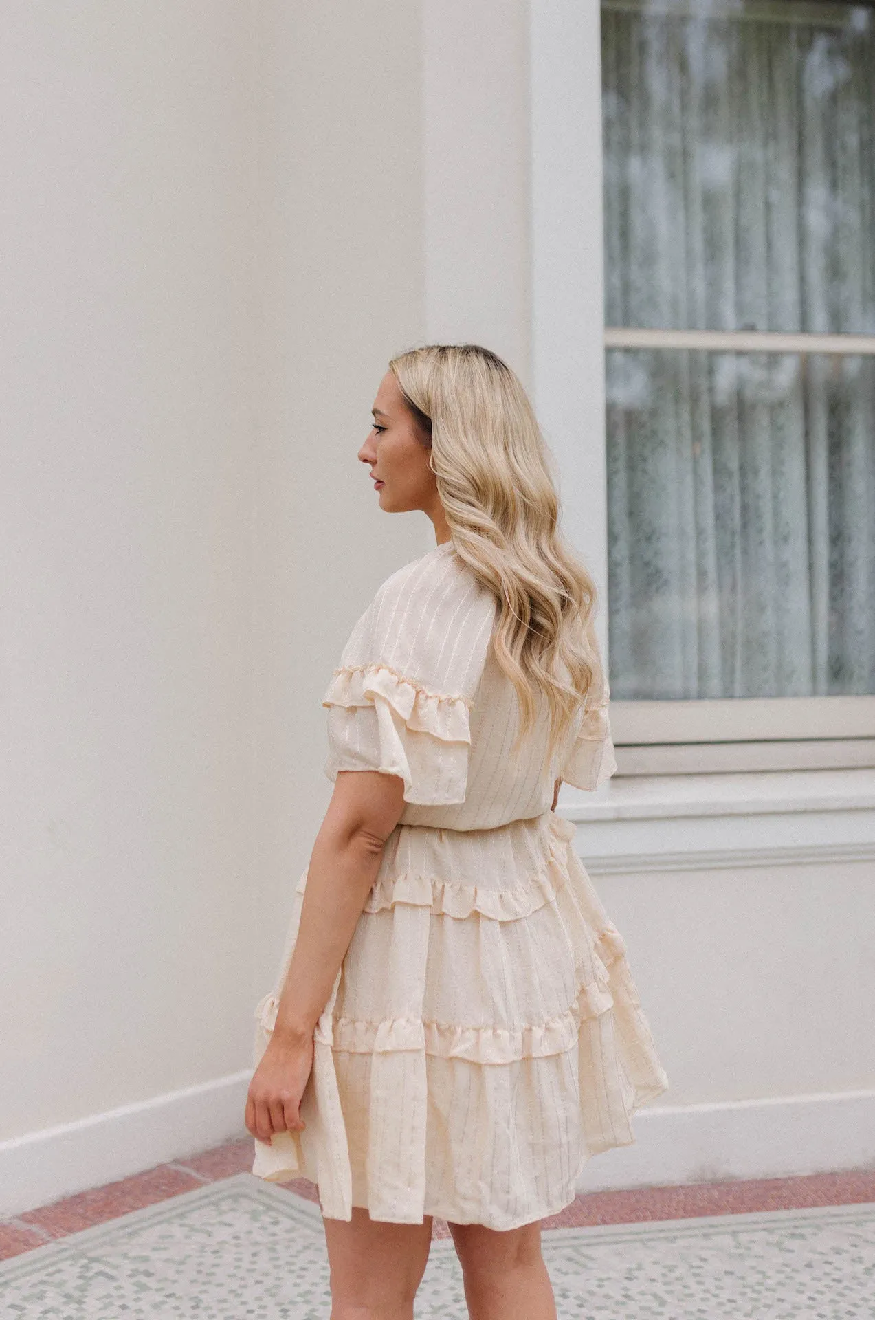 Lucia Textured Flutter Sleeve Ruffle Dress