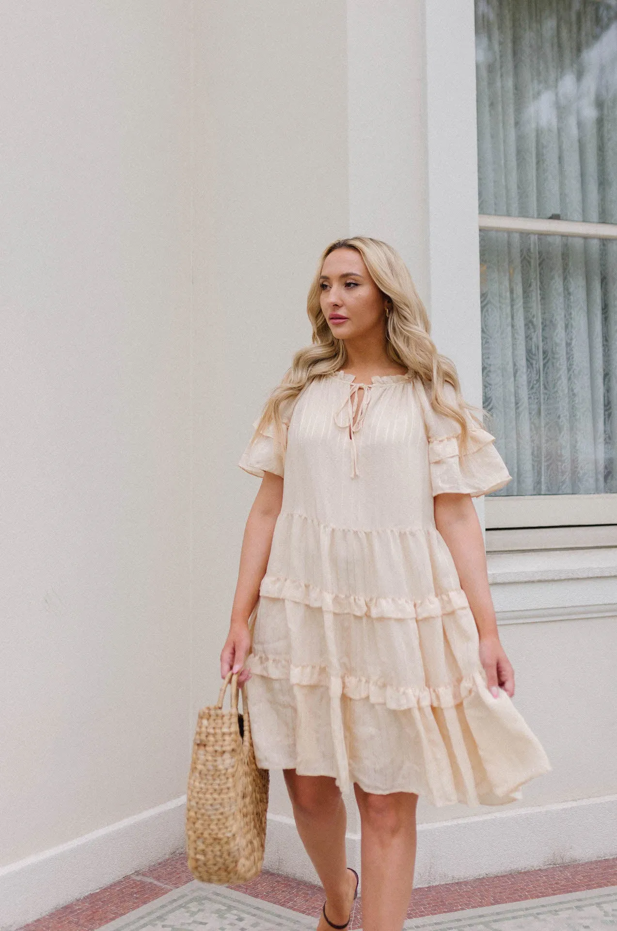 Lucia Textured Flutter Sleeve Ruffle Dress