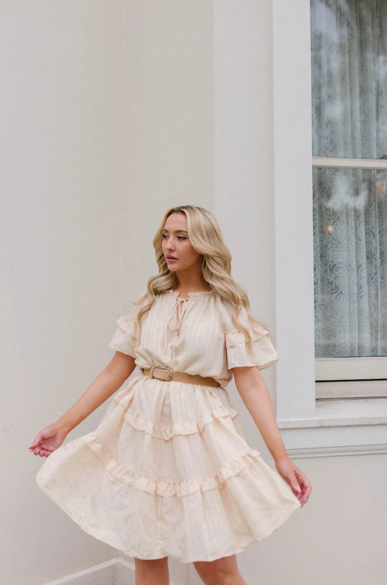 Lucia Textured Flutter Sleeve Ruffle Dress