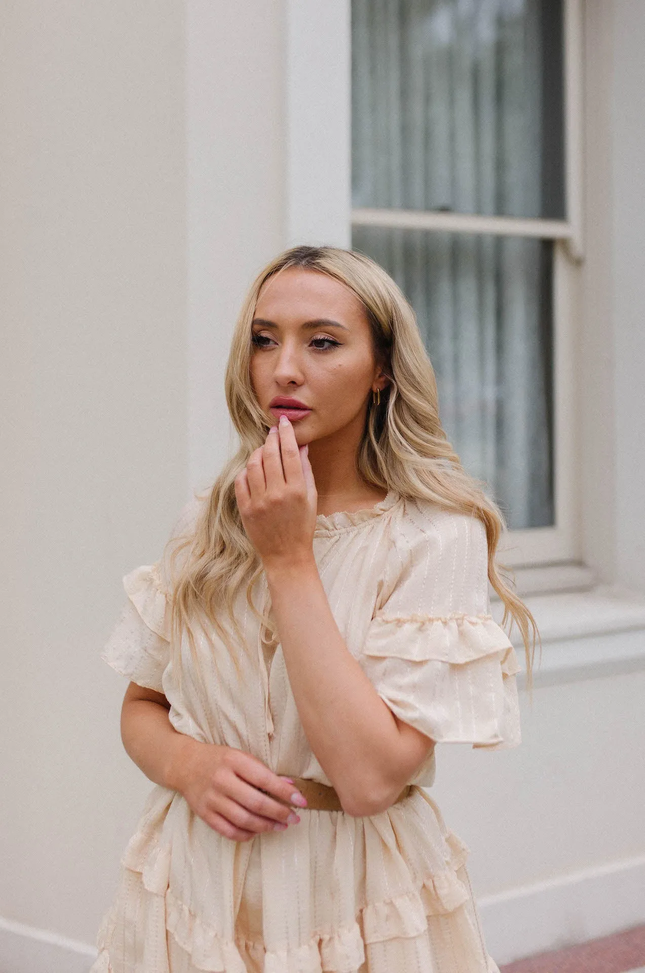 Lucia Textured Flutter Sleeve Ruffle Dress
