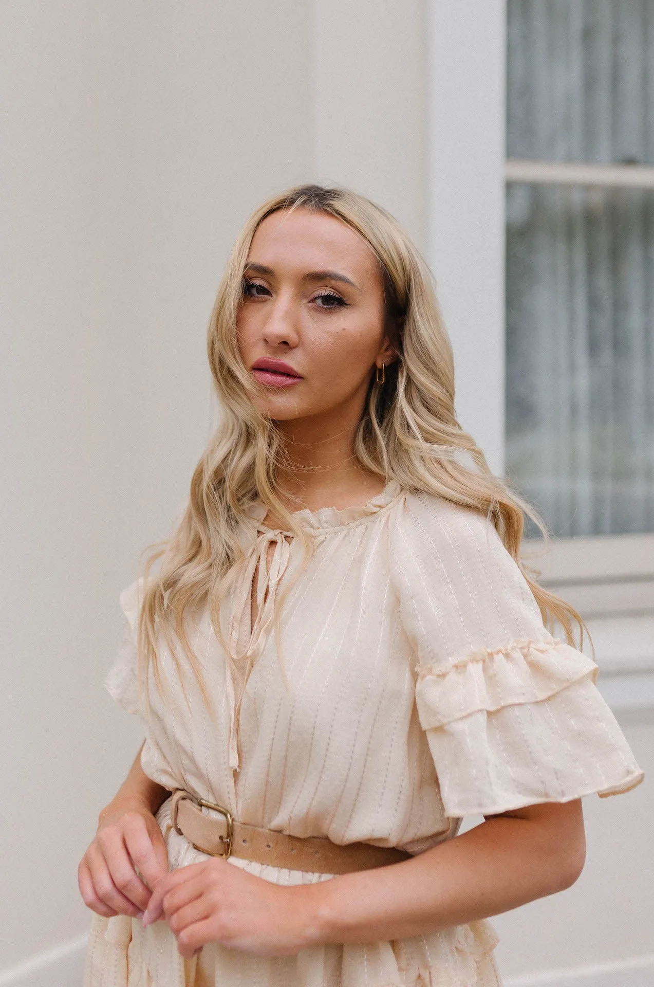 Lucia Textured Flutter Sleeve Ruffle Dress