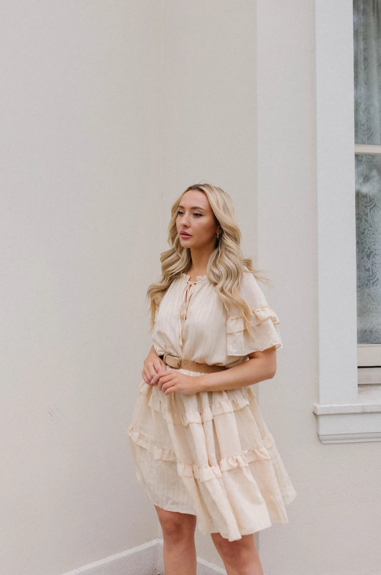 Lucia Textured Flutter Sleeve Ruffle Dress