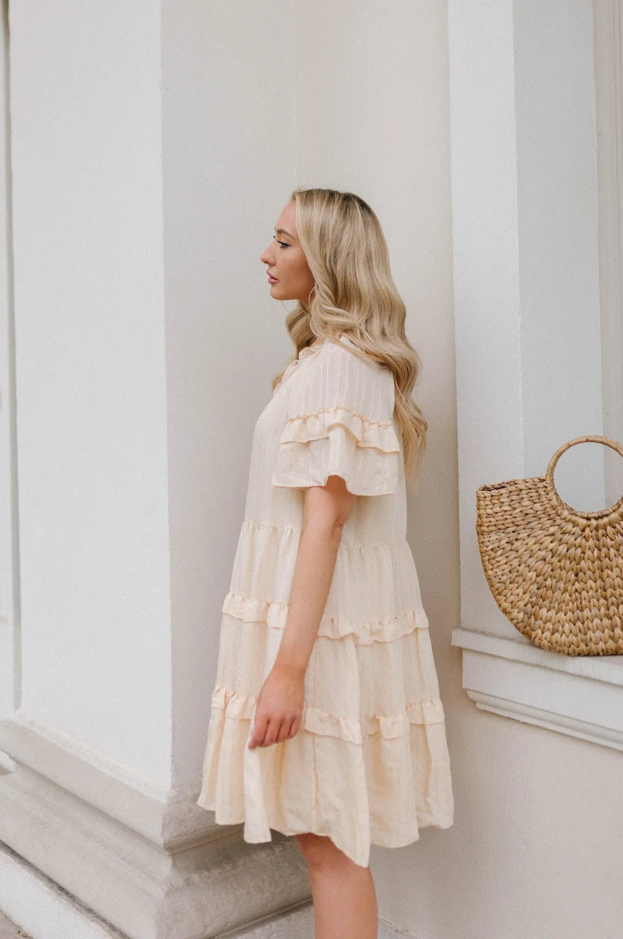 Lucia Textured Flutter Sleeve Ruffle Dress