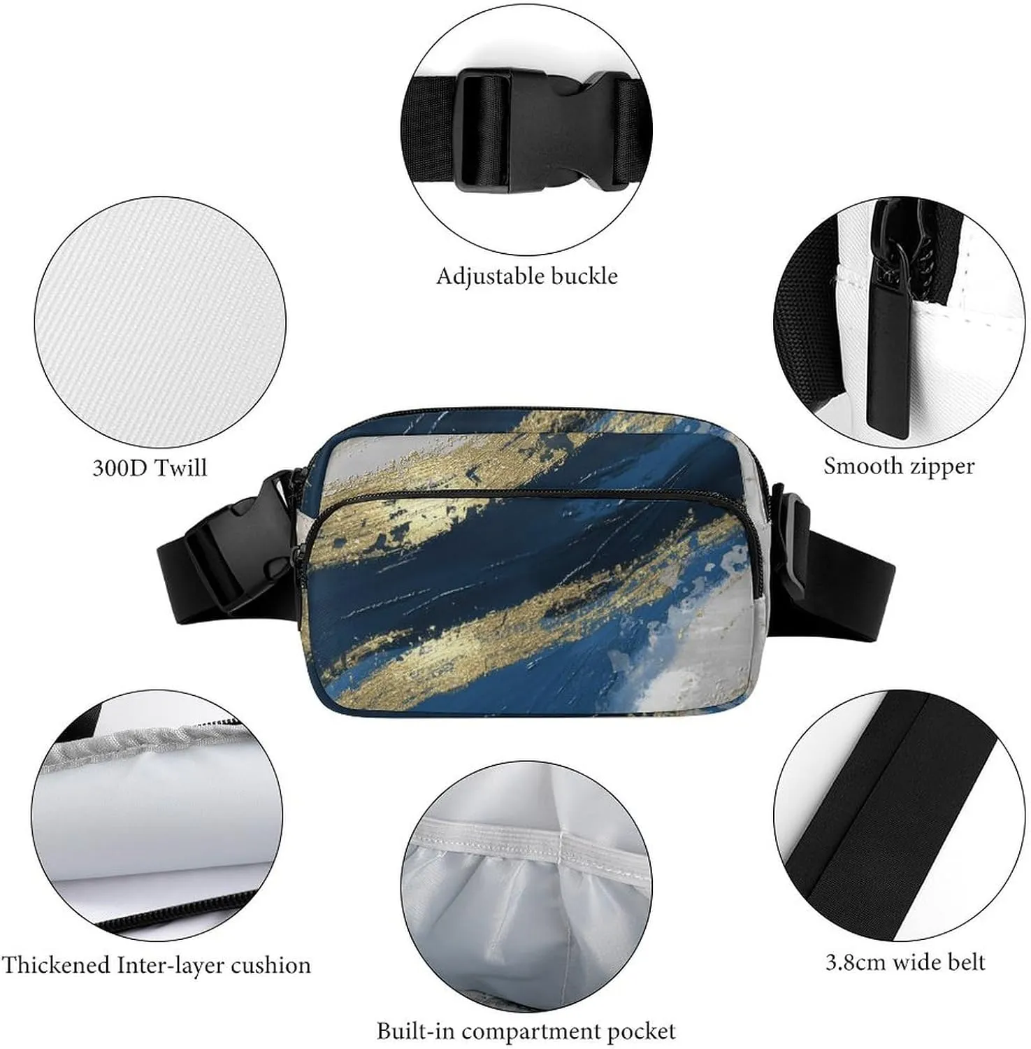 Luxury Gold Blue Modern Art Fanny Pack Belt Bag with Adjustable Strap Waist Packs Small Pouch Crossbody Bags for Hiking Running Cycling Traveling