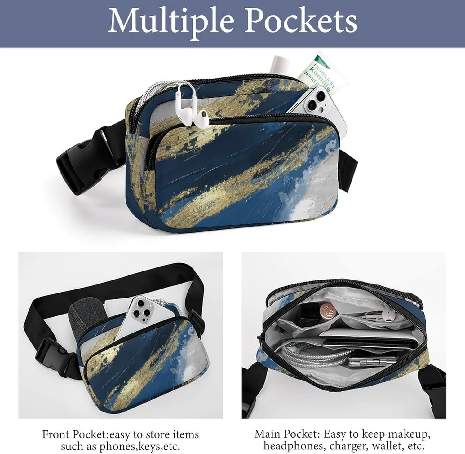 Luxury Gold Blue Modern Art Fanny Pack Belt Bag with Adjustable Strap Waist Packs Small Pouch Crossbody Bags for Hiking Running Cycling Traveling